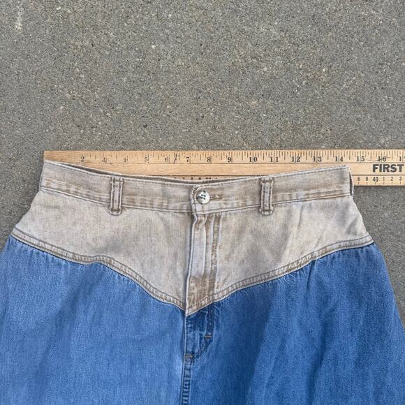 Vintage 80s OshKosh Two Tone Block V Yoke Midi A Line Jean Skirt Western 12 - Picture 9 of 10